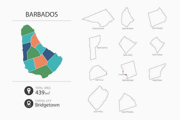 Kaart van Barbados met gedetailleerde landkaart Kaartelementen van steden, totale oppervlakte en hoofdstad