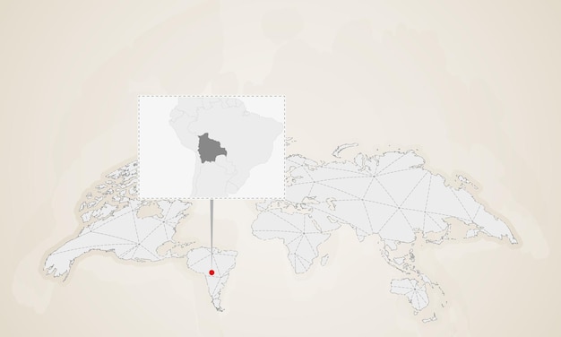 Kaart van bolivia met buurlanden vastgemaakt op wereldkaart