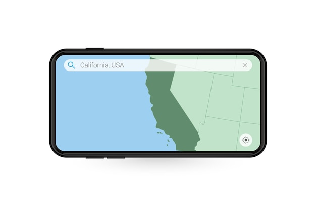 Kaart van Californië zoeken in smartphone-kaartapplicatie. Kaart van Californië in mobiele telefoon.