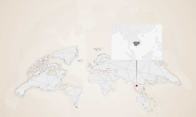 Kaart van Cambodja met buurlanden vastgemaakt op wereldkaart