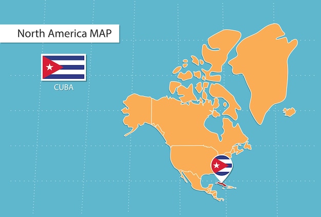 Kaart van Cuba in Amerika, pictogrammen die de locatie en vlaggen van Cuba weergeven.