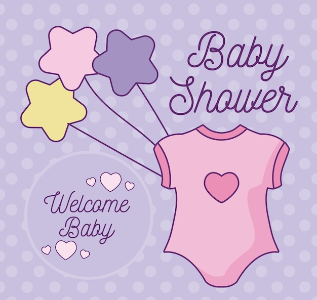 Vector kaart van de baby douche met kleding en sterren