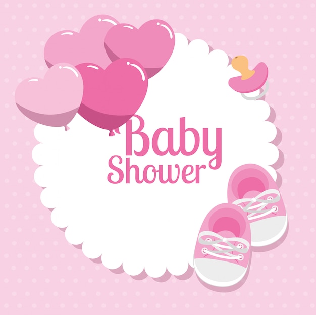 Kaart van de baby douche met schoenen en decoratie