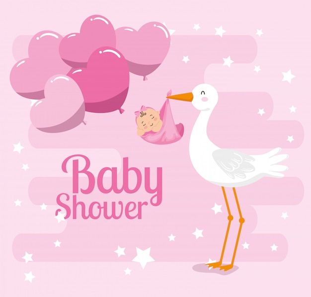 Vector kaart van de babydouche met schattige ooievaar en decoratie