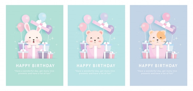 Kaart van de babydouche, set verjaardag groeten sjabloon kaarten met konijn, kat en beer staan in geschenkdozen in papier gesneden stijl.