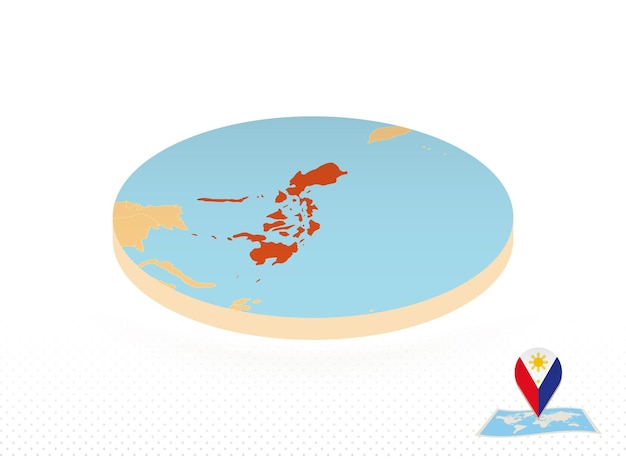 Kaart van de Filipijnen ontworpen in een oranje cirkelkaart in isometrische stijl