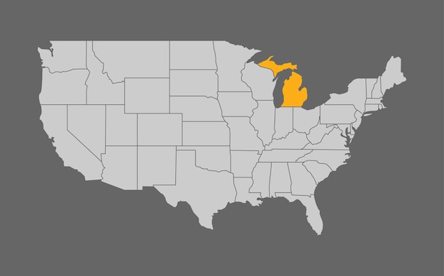 Kaart van de verenigde staten met michigan hoogtepunt op grijze achtergrond