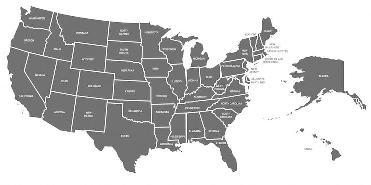 Vector kaart van de vs. poster van de verenigde staten van amerika met staatsnamen. geografische amerikaanse kaarten inclusief illustratie van alaska en hawaï