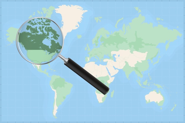 Kaart van de wereld met een vergrootglas op een kaart van canada.