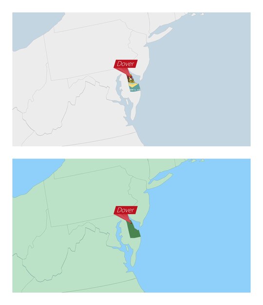 Kaart van Delaware met pin van de hoofdstad van het land Twee soorten kaart van Delaware met naburige landen