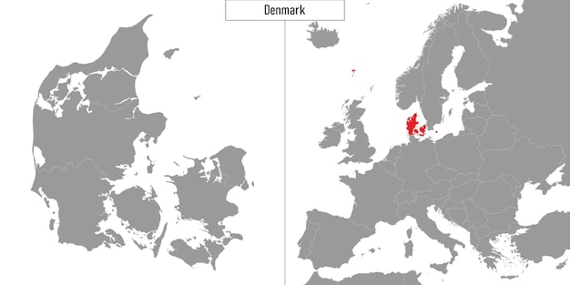 Vector kaart van denemarken en locatie op de kaart van europa vectorillustratie