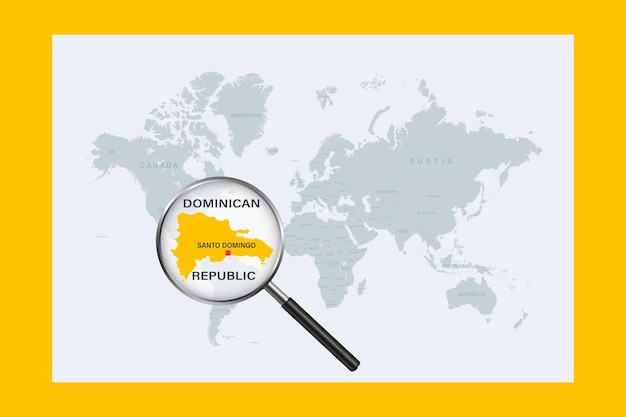 Kaart van Dominicaanse Republiek op politieke wereldkaart met vergrootglas
