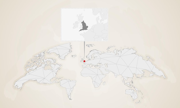 Kaart van Engeland met buurlanden vastgemaakt op wereldkaart