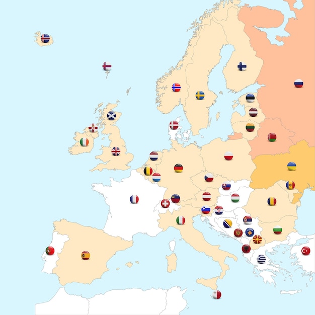 Kaart van Europa en landvlaggen Gedetailleerde kaart Europa-landen tegen Russische agressie in Oekraïne