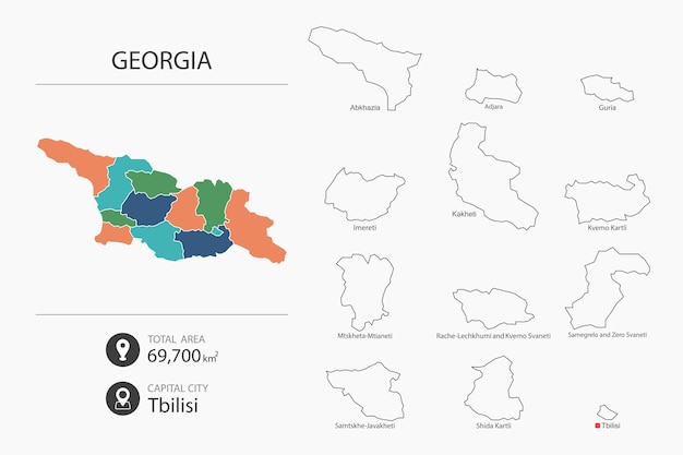 Kaart van Georgië met gedetailleerde landkaart Kaartelementen van steden totale gebieden en hoofdstad