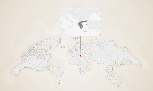 Kaart van griekenland met buurlanden vastgemaakt op wereldkaart