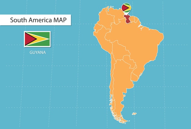 Kaart van Guyana in Amerika, pictogrammen met de locatie en vlaggen van Guyana.