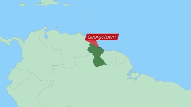 Kaart van Guyana met pin van de hoofdstad van het land