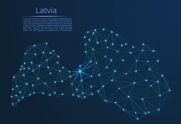 Kaart van het communicatienetwerk van letland vector laag poly afbeelding van een wereldkaart met verlichting