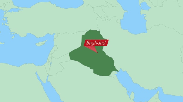 Kaart van Irak met pin van de hoofdstad van het land