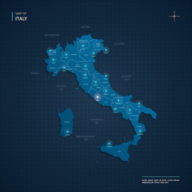 Kaart van italië met blauwe neonlichtpunten