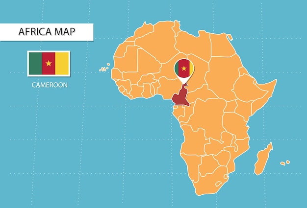 Kaart van Kameroen in Afrika, pictogrammen die de locatie en vlaggen van Kameroen weergeven.