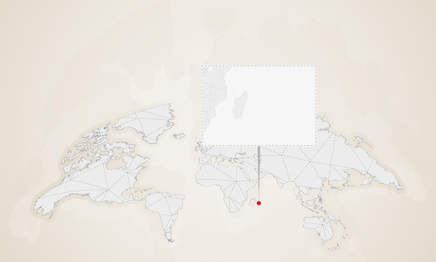 Kaart van Mauritius met buurlanden vastgemaakt op wereldkaart