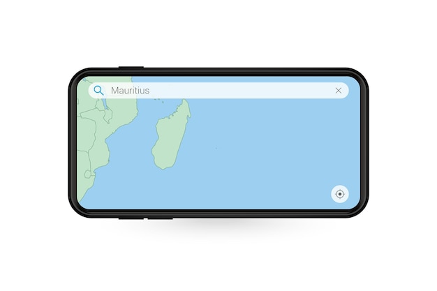 Kaart van Mauritius zoeken in smartphone-kaartapplicatie. Kaart van Mauritius in mobiele telefoon.