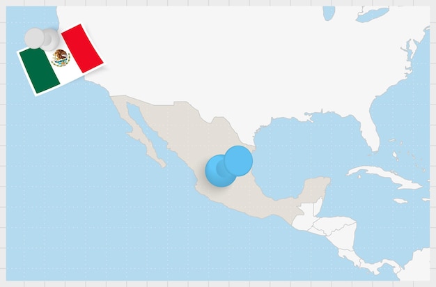 Kaart van Mexico met een vastgezette blauwe speld Vastgezette vlag van Mexico