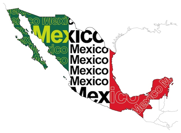 Kaart van mexico samengesteld uit het land, de naam van het land en de kleuren van de nationale vlag.