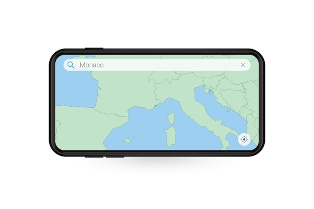 Kaart van monaco zoeken in smartphone-kaartapplicatie. kaart van monaco in mobiele telefoon.