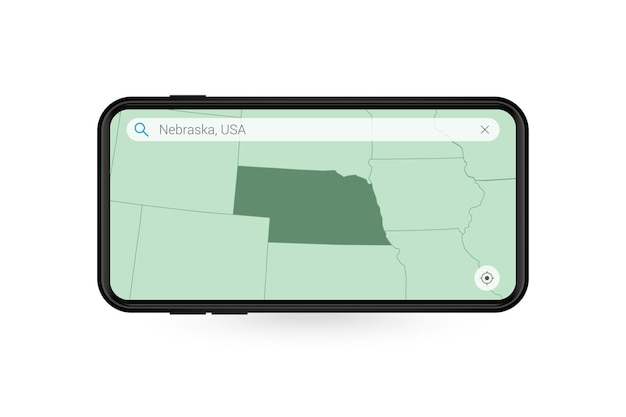 Kaart van nebraska zoeken in smartphone-kaartapplicatie. kaart van nebraska in mobiele telefoon.