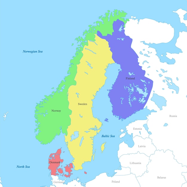 Kaart van Noord-Europa met grenzen van de landen Scandinavië