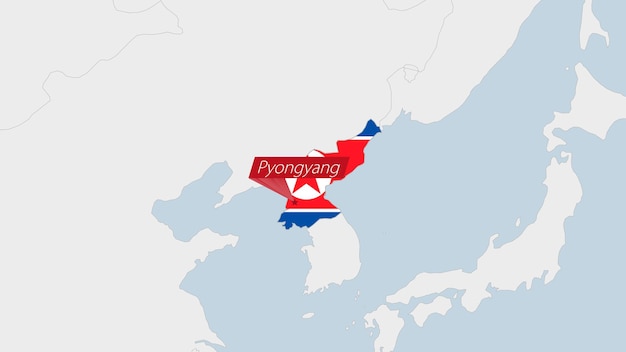 Kaart van Noord-Korea gemarkeerd in de vlagkleuren van Noord-Korea en de pin van de hoofdstad Pyongyang
