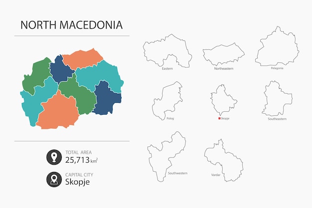 Kaart van Noord-Macedonië met gedetailleerde landkaart Kaartelementen van steden, totale oppervlakte en hoofdstad