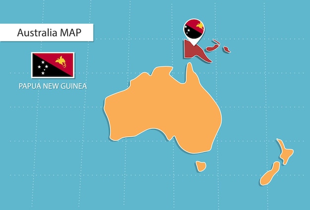 Vector kaart van papoea-nieuw-guinea in azië, pictogrammen met de locatie en vlaggen van papoea-nieuw-guinea.