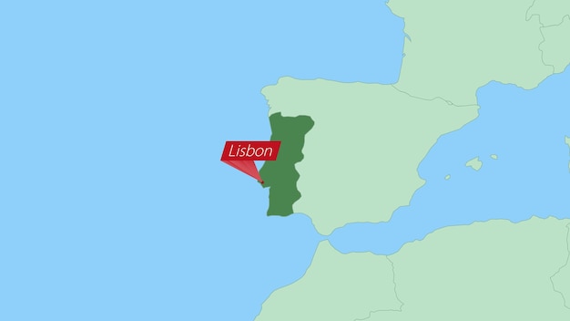 Kaart van Portugal met pin van de hoofdstad van het land