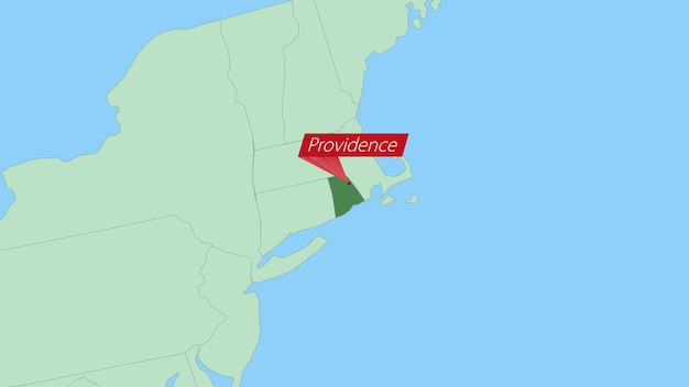 Kaart van Rhode Island met speld van de hoofdstad van het land