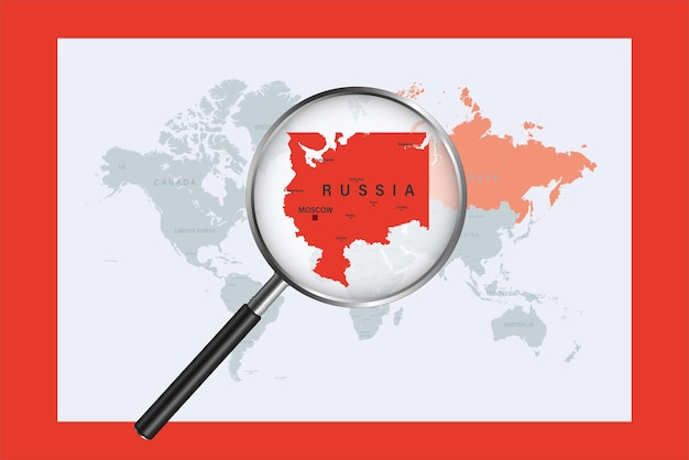 Kaart van Rusland op politieke wereldkaart met vergrootglas