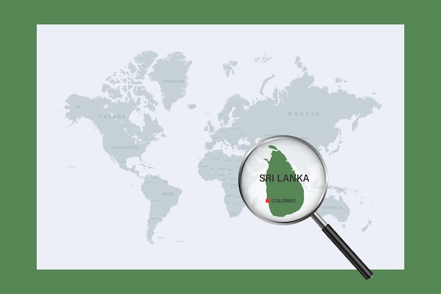 Kaart van Sri Lanka op politieke wereldkaart met vergrootglas