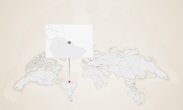 Kaart van Suriname met buurlanden vastgemaakt op wereldkaart