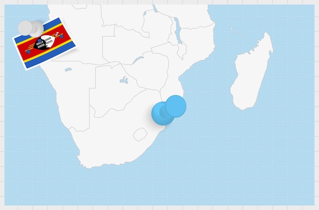 Kaart van Swaziland met een vastgezette blauwe speld Vastgezette vlag van Swaziland