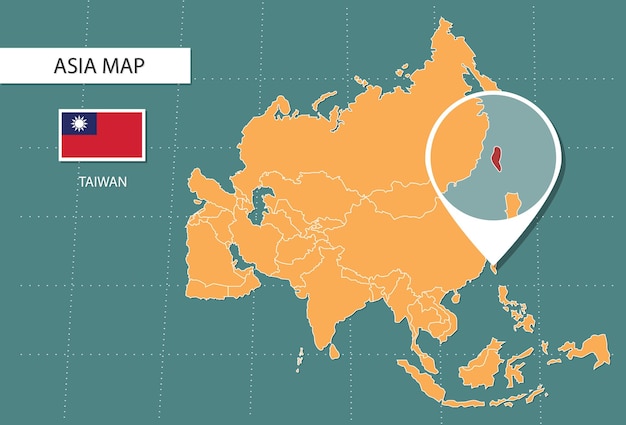 kaart van taiwan in Azië zoomversie pictogrammen die de locatie en vlaggen van taiwan tonen