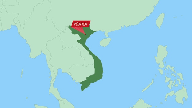 Kaart van Vietnam met pin van de hoofdstad van het land