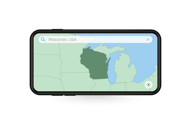 Kaart van wisconsin zoeken in smartphone-kaartapplicatie. kaart van wisconsin in mobiele telefoon.