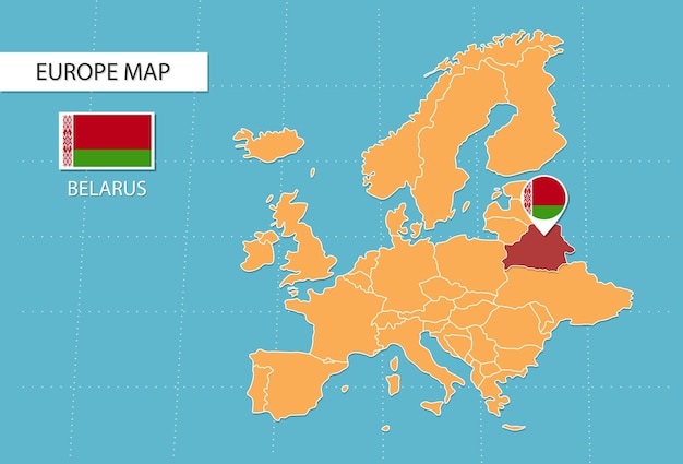 Kaart van Wit-Rusland in Europa, pictogrammen met de locatie en vlaggen van Wit-Rusland.