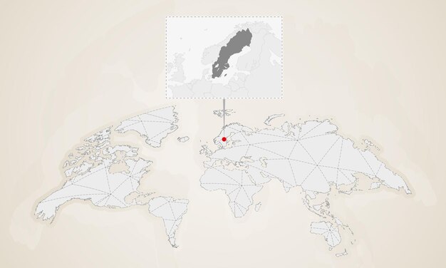 Kaart van Zweden met buurlanden vastgemaakt op wereldkaart