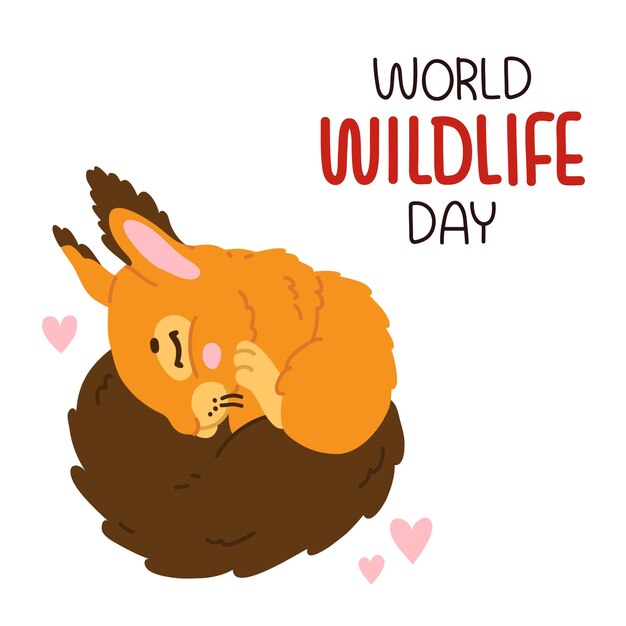 kaart voor World Wildlife Day met schattige cartoon eekhoorn baby slapen