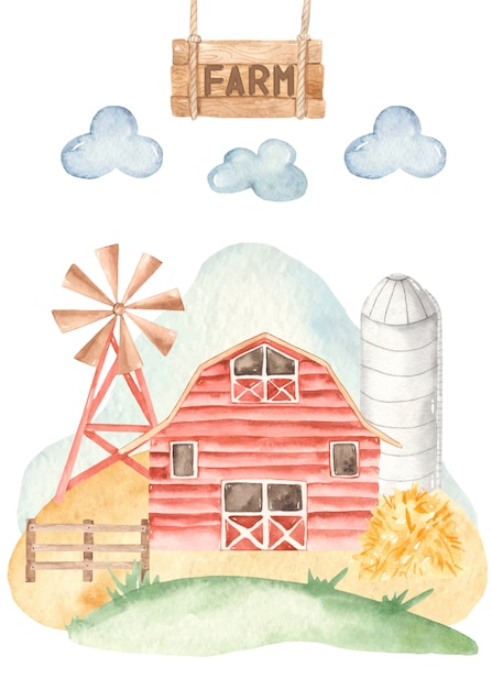 Vector kaartboerderij met schuur, windpomp, graanschuur in aquarelstijl