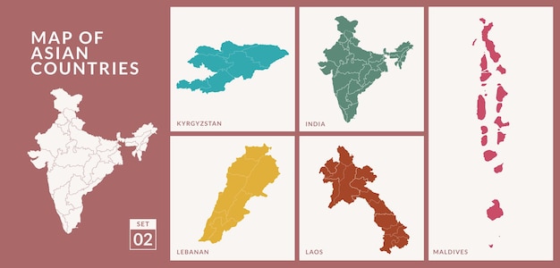 Kaarten van Aziatische landen landen, India, Maldiven, Kirgizië, Laos en Libanon vector illustratie